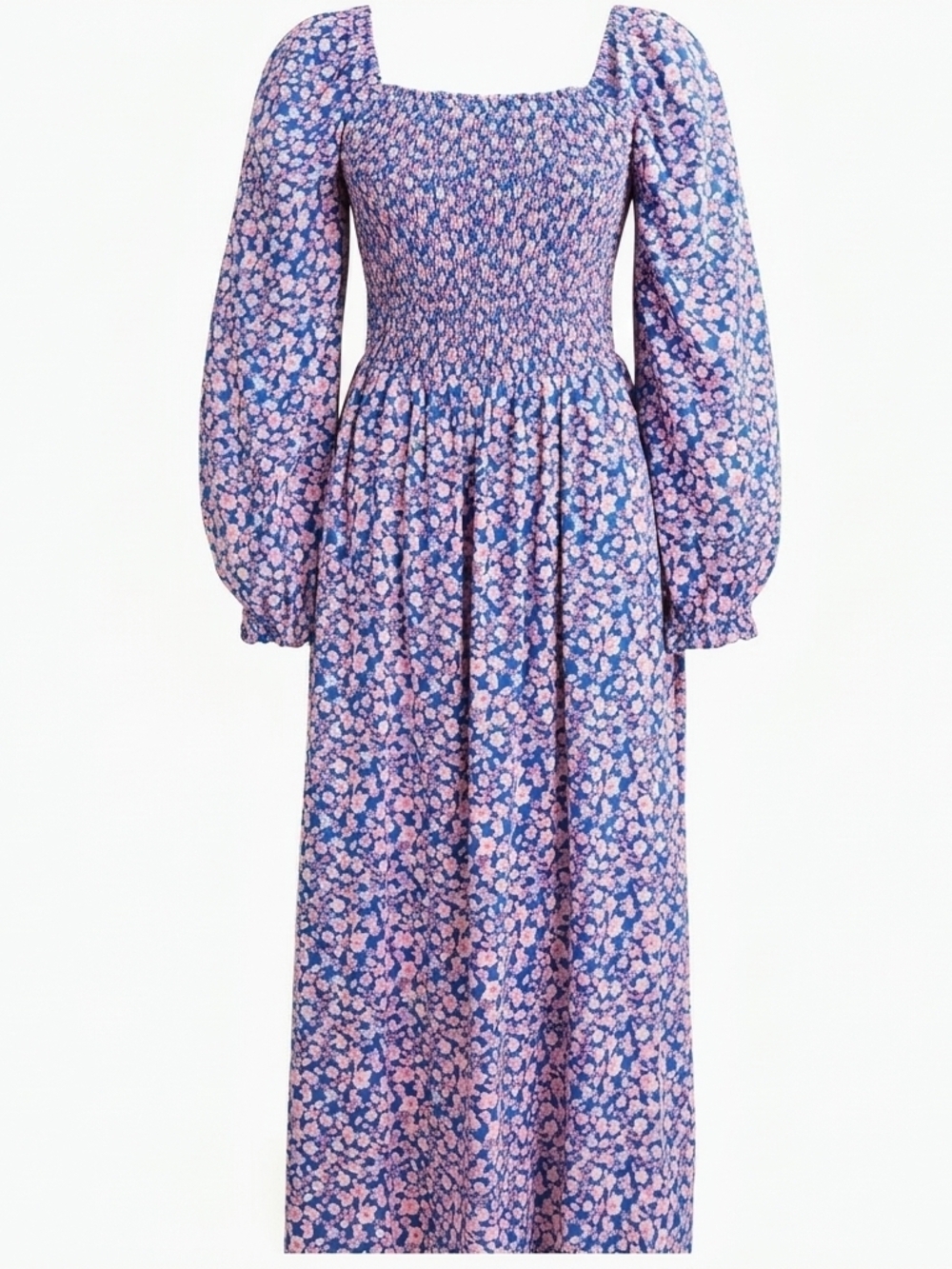 Smocked Square-Neck Floral Midi Dress in Blue and Pink.
